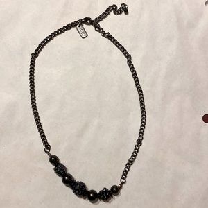 Aero 1987 necklace gunmetal & crystals aprox 17”